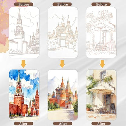 NaTuGi 3Pac Watercolor Workbook for Adults,Watercolor Coloring Book,Portable Watercolor Painting Books,Creative Stress Relief Kit,Suitable for Beginners Birthday Gift (Architecture Series 3pc-B) - Image 3