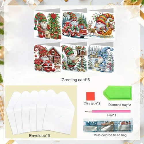 Diamond Art Christmas Cards Kit, 6PCS DIY Diamond Painting Christmas Cards with Envelopes, 5D Diamond Dot Greeting Cards for Adults, Xmas Card for Holiday Crafting Gifts (Xmas Gnome) - Image 5