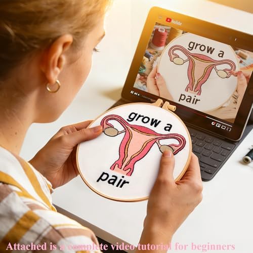 Hand Embroidery Kits for Beginners Adults, Grow a Pair Uterus Embroidery DIY Kit, Stamped Cross Stitch Kits for Beginners Adult Craft Kits for Women, Entire Set of Embroidery Supplies & Video Tutorial - Image 4