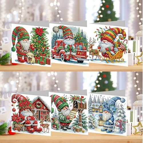 Diamond Art Christmas Cards Kit, 6PCS DIY Diamond Painting Christmas Cards with Envelopes, 5D Diamond Dot Greeting Cards for Adults, Xmas Card for Holiday Crafting Gifts (Xmas Gnome) - Image 2