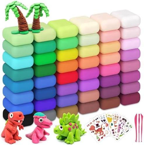 Air Dry Clay 48 Colors，Modeling Clay for Kids, with 3 Sculpting Tools and 6 Sheets Dinosaur Stickers, Safe & Non-Toxic, DIY Molding Clay Gift for Boys and Girls by Pexzey