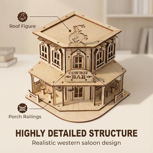 DIY 3D Wooden Puzzles for Adults,3-D Wooden Miniature House Cabin kit, Western Cowboy Bar Saloon Building Set, Architecture Wood Assembly Model Creative Gift for Teens - Image 4