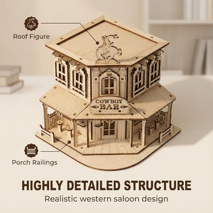 DIY 3D Wooden Puzzles for Adults,3-D Wooden Miniature House Cabin kit, Western Cowboy Bar Saloon Building Set, Architecture Wood Assembly Model Creative Gift for Teens - Image 4
