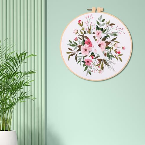 IUHUI Embroidery Kit for Beginners Adults - 26 Floral Letters Easy Patterns, DIY Hand Stitching Embroidery Set with Hoop (Flower and Grass Letter X) - Image 2