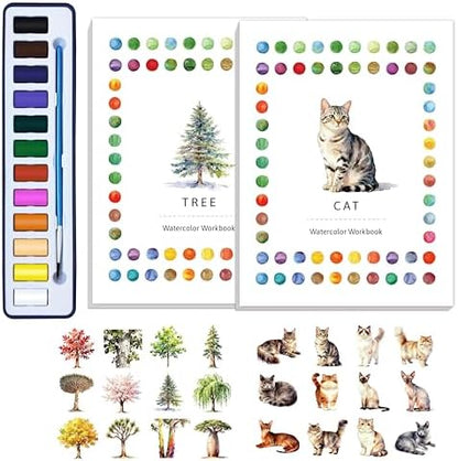 CraftyManor 2Pcs Watercolor Workbook Creative Water Color Paint Book Set with Paints & Brush, 12 Patterns of Original DIY Designs, Beginner-Friendly Adult Coloring Books(Cat & Tree) by CraftyManor