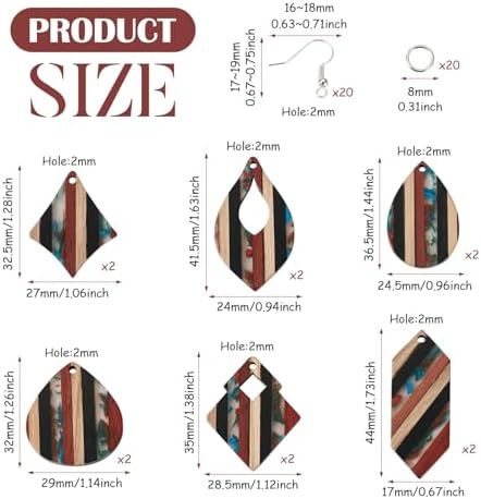 FASHEWELRY Striped Resin Wood Earrings Charms Rhombus Teardrop Kite Wooden Earring Blanks Earring Findings Wooden Earring Pieces for Jewelry Making, 52pcs/box - Image 5