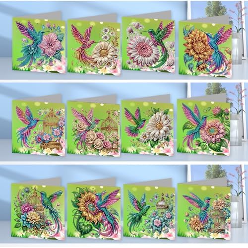 Diamond Painting Greeting Cards 12Pcs Hummingbird Flower Design DIY Kit with Partial Irregular Shaped Rhinestones and Envelopes Handmade Craft for Adults Gifts - Image 2