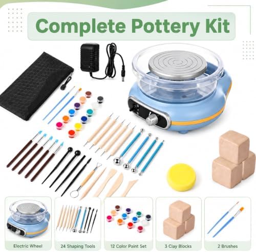 Mini Pottery Wheel Kit Electric Turntable Clay Machine with Handle, Adjustable Speed and Forward Reverse Rotation, 24 Shaping Tools 12 Color Paint Set 3 Clay Blocks for DIY Craft Projects - Image 2
