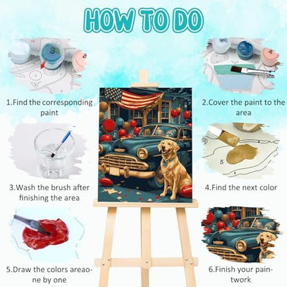 RICUVED Dog Paint by Numbers for Adults, Independence Day Paint by Numbers Kit for Adults Beginners, Flag DIY Acrylic Car Oil Painting on Canvas Easy for Gift Home Wall Decor 16x20 Inch - Image 5