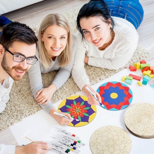 Vercraft 22 Pcs Wooden Mandala Painting Set 10 Cutouts 12 Markers, Classic - Image 6