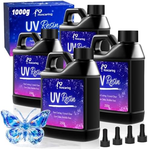 Honcaring UV Resin 1000g, Hard Type Clear Beginner-Friendly Kit, Upgraded Formula & Crystal Clear for Jewlery Making, Art Craft, 250g*4 Resin UV Kit for Earring, Pendant, DIY by Honcaring