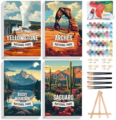 4 Pack Framed Paint by Numbers Kit for Adults with Wooden Easel 8x12 Inch by Fountor