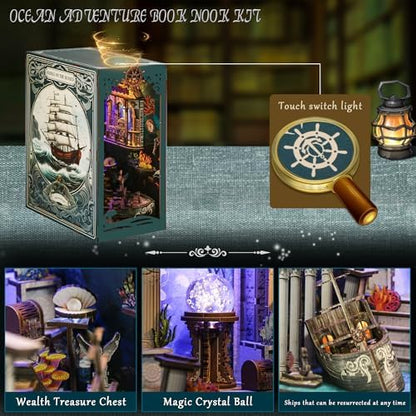 Book Nook, DIY Book Nook Kits for Adults, Ocean Adventure 3D Wooden Puzzle Bookend Bookshelf Insert Decor with LED Light - Image 7