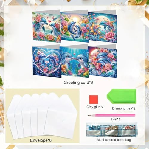 jinglinhh 6pcs Dolphin Couple Flowers Diamond Art Painting Greeting Cards with Envelopes, DIY Card Making Kits for Adults, Diamond Art Postcards Christmas Cards Craft Gifts - Image 3