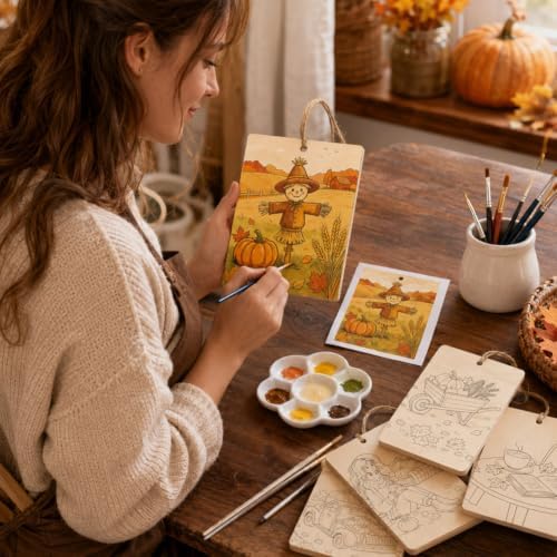 15 Pcs Unfinished Wood Crafts to Paint for Adults, 5.9x4.7 Inch Fall Paintable Wood Slices Craft Supplies with Ropes, Bulk Predrilled Wooden Ornaments for DIY Painting Craft Decor - Image 3