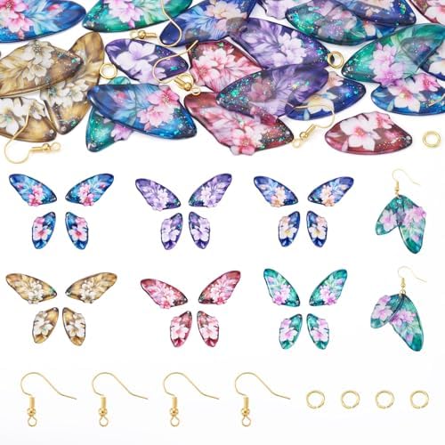 FASHEWELRY 24Pcs Resin Feather Wing Charms Gradient Color Floral Prints Wing Earring Pendants Colorful Butterfly Charms with Gold Foil for Jewelry Making - Earring Hooks & Jump Rings by FASHEWELRY