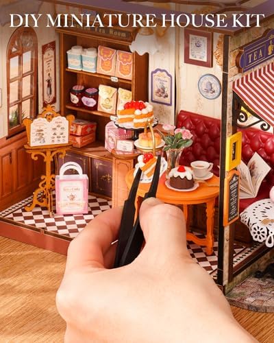 ROBOTIME DIY Miniature House Kit, Bakery Diorama House, Tiny House Kit for Adults, Mini Dollhouse Kit with Furniture Birthday Christmas Craft Hobbies Gift for Family/Friends (Leisure Time Tea Room) - Image 4