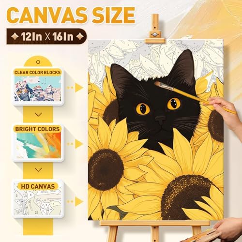 Qaisxoty Paint by Numbers Kit for Adults, Easy Cat Paint by Numbers with Rolled Canvas, Acrylic Paint, Brushes, Box, DIY Beginner Painting by Number Kit for Home Decor Gift - 12” x 16” - Image 5
