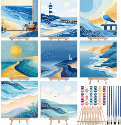 Nezyo 8 Sets 8 x 8 Inch Paint by Numbers Kit for Adult Beginners with Wooden Easels Acrylic Paint by Number Landscape Paintings Kits for DIY Party Home Decor Gift(Blue Ocean) by Nezyo