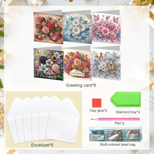 6 Pack DIY Diamond Painting Greeting Card Kit Flowers, 5D Diamond Art Christmas Birthday Holiday Foldable Thank You Cards Blessing, Art Crafts Kit Creative with Envelope - Image 6