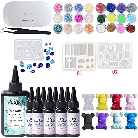 UV Epoxy Resin Kit 100ML Transparent + 8x30ML Color Resin Crystal Clear + 3 Molds for Jewelry Making Pendants Earrings + Portable UV Lamp + 24 Holographic Glitter + Nacre Shells Pieces for DIY Crafts by VidaRosa