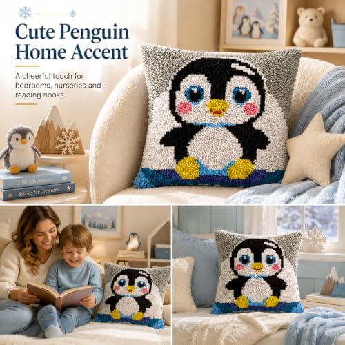 Cute Penguin Latch Hook Pillow Kits for Adults Beginners, 17" X 17" - Image 2