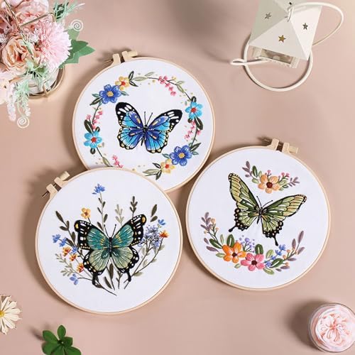 GLTAYLMY 3 Sets Butterfly Embroidery Starter Kit for Beginners Flower Stamped Cross Stitch Kits with Instructions for Beginners Adults Include Embroidery Hoop Threads and Needles - Image 5