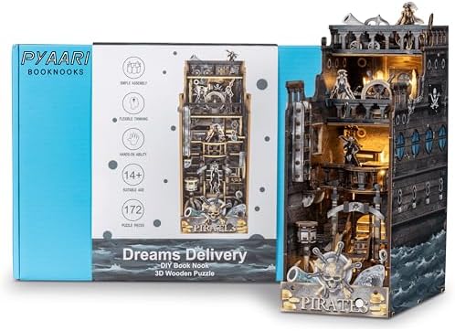 Dreams Delivery Book Nook Kit, Pirate Ship 172-Piece DIY LED Miniature House Kit, 3D Wooden Puzzle BookNook Kit for Adults, Home Model Building Kit for Book Lovers & Beginners, Bookshelf Decor by PYAARI