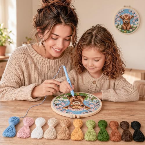 Punch Needle Kits for Beginners,DIY Punch Needle Embroidery with Fabric, Hoops, Yarns and Sewing Needles for Adults Children Festival Gift and Home Decor, 20x20cm (Peach Blossom Highland Cow) - Image 5