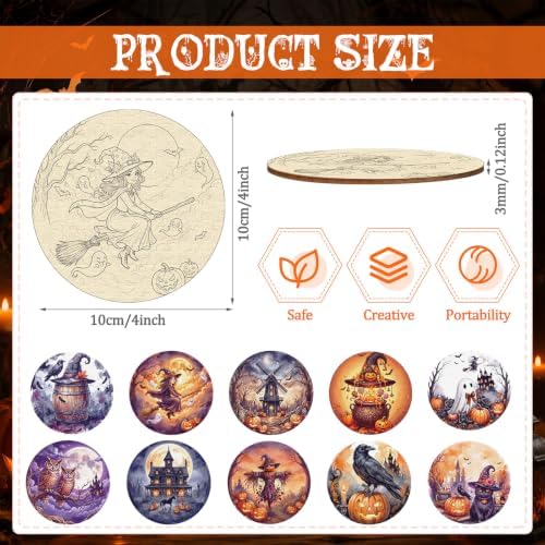 Reallnaive 45 Pcs Halloween Wooden Coasters Painting Kit, 10 Painting Coaster with Markers Holder Cork Pads Arts and Crafts DIY Gift for Adults Ornament Home Office Decor - Image 2
