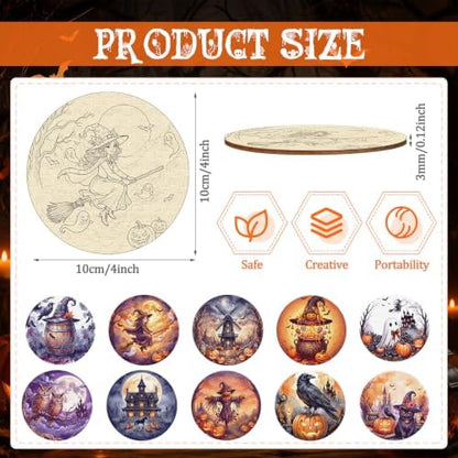 Reallnaive 45 Pcs Halloween Wooden Coasters Painting Kit, 10 Painting Coaster with Markers Holder Cork Pads Arts and Crafts DIY Gift for Adults Ornament Home Office Decor - Image 2