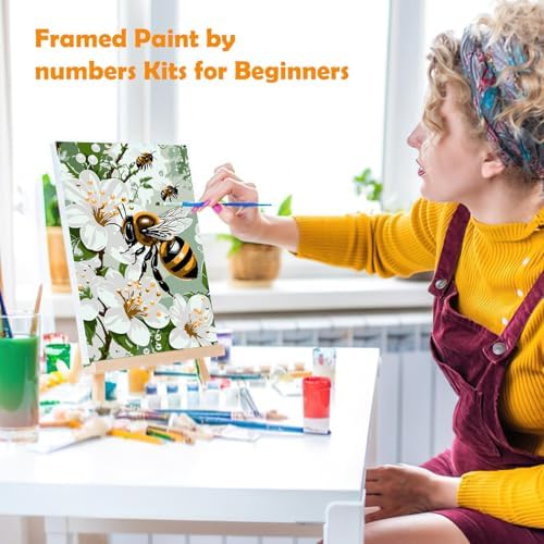 MOGTAA Paint by Numbers Kit for Adults with Frame, Bees Paint by Number Canvas, Flowers Landscape Paint by Numbers with Easel, DIY Animal Oil Painting Kit for Home Wall Decor 8 x 12 Inch - Image 4
