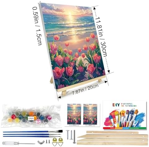 JOOZ Paint by Numbers Kit for Adults with Frame, Flowers Paint by Numbers for Adults, Seaside Sunset Paint by Number with Easel, DIY Tulip Oil Painting Kit for Home Wall Decor 8 x 12 Inch - Image 2