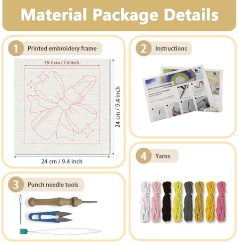 Doodlream Lipstick with Bow Needle Kit for Beginner, 9.4"x 9.4" Makeup Punch Stitching Craft Set, DIY Embroidery Starter with Printed Frame, Instruction, Threader, Yarn, Pinch Needle - Image 2