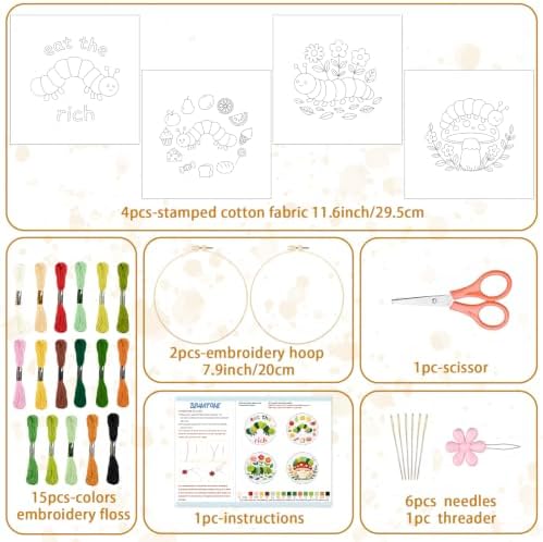 BEUNITONE 4 Set Embroidery Kits for Beginners with Easy Caterpillar Pattern, DIY Craft Kits Include Instructions and 2 Embroidery Hoops, Cross Stitch Needlepoint Kits for Craft Lover and Home Decor - Image 2