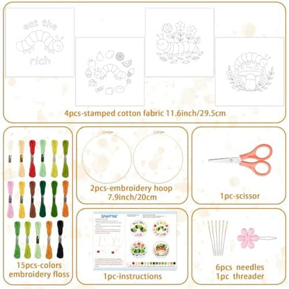 BEUNITONE 4 Set Embroidery Kits for Beginners with Easy Caterpillar Pattern, DIY Craft Kits Include Instructions and 2 Embroidery Hoops, Cross Stitch Needlepoint Kits for Craft Lover and Home Decor - Image 2