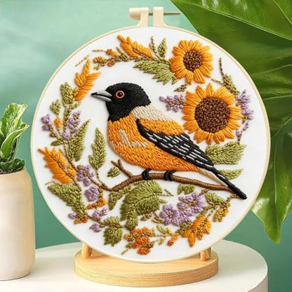 Zhenqing Bird Embroidery Kit for Beginners, Songbird & Floral Needlework Craft with Pre-Printed Cotton Fabric, Hoop, Threads & Tools, Garden Decor (C0068) - Image 2
