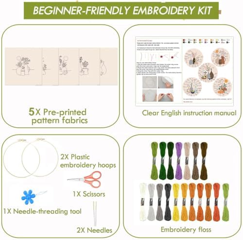 5 Pack Bohemian Beginner Embroidery Set, Floral Vase Design, Complete Threads & Tools with Guide, DIY Home Decoration & Gift - Image 2