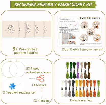 5 Pack Bohemian Beginner Embroidery Set, Floral Vase Design, Complete Threads & Tools with Guide, DIY Home Decoration & Gift - Image 2