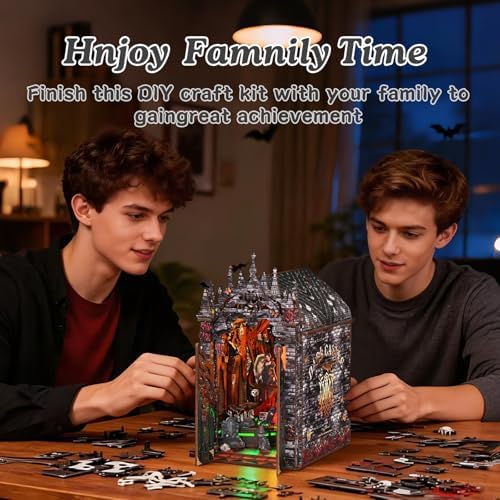 DIY Book Nook kit(Dark Castle) Wooden bookend and 3D Puzzle with LED Light, Craft kit for Adults, Nook Book kit - Image 6