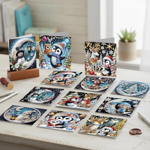 jinglinhh 12pcs Diamond Art Painting Christmas Moon Snowman Penguin Deer Greeting Cards with Envelopes, DIY Card Making Kits for Adults, Diamond Art Christmas Cards for Holiday Gifts - Image 4