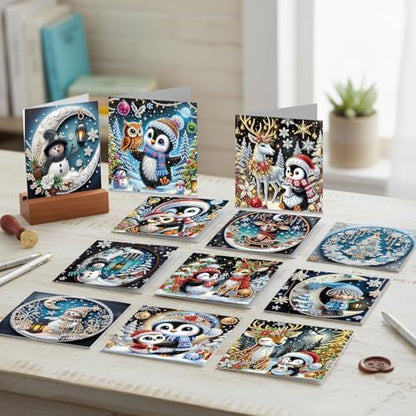 jinglinhh 12pcs Diamond Art Painting Christmas Moon Snowman Penguin Deer Greeting Cards with Envelopes, DIY Card Making Kits for Adults, Diamond Art Christmas Cards for Holiday Gifts - Image 4