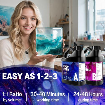 GRLELOU Epoxy Resin Kit 2 Gallon - No Yellowing & Less Bubble 2 Part Epoxy Resin for Beginners, 1:1 Ratio Art Resin for Wood Casting, Jewelry Making, Art Crafting & Countertop Coating (1Gal×2) - Image 4