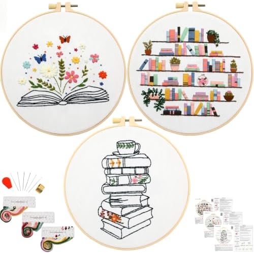 Armindou Flowers Embroidery Kits for Beginners Adults, Hand Embroidery Set Needlepoint Kits, Floral Book Stamped Cross Stitch Kits for Beginners Adults, 3 Embroidery Hoops (Attached Video Tutorial) by Armindou