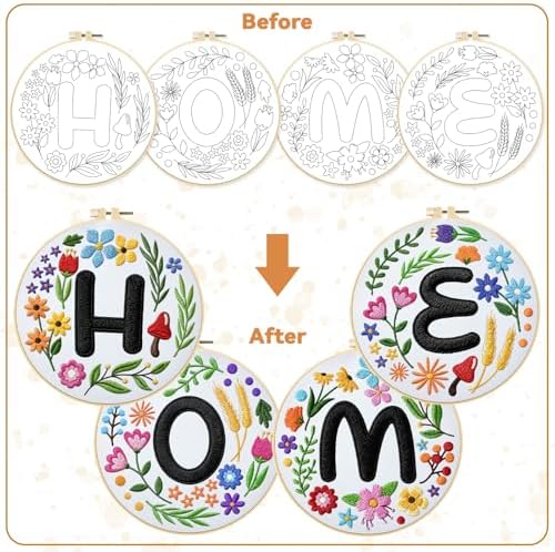 BEUNITONE 4 Set Embroidery Kit for Beginners, DIY Home Theme Pre-Stamped Pattern Needlepoint Kits for Adults with Hoop and Instruction, Funny Hand Embroidery Patterns for Cloth and Home Decor - Image 4
