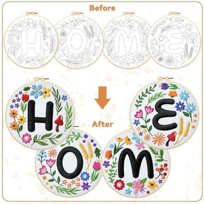 BEUNITONE 4 Set Embroidery Kit for Beginners, DIY Home Theme Pre-Stamped Pattern Needlepoint Kits for Adults with Hoop and Instruction, Funny Hand Embroidery Patterns for Cloth and Home Decor - Image 4