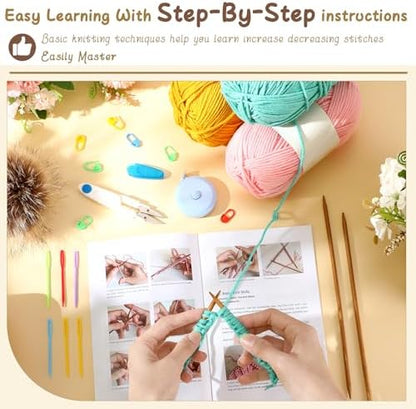 Maasechs Knitting Kit for Beginners Adults Complete Hat Knitting Kits Learn to Knit Kits with Yarn Bamboo Needle Pom Pom Step-by-Step Instruction Knit Accessories for Mother Women Men Gifts(Bright) - Image 3