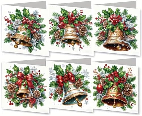 6Pcs Christmas Greeting Card DIY Diamond Art Painting Greeting Cards Blessing Folding Card Kit with White Envelopes Diamond Arts Crafts for Birthday Festival Gift-Bell by BAYUNOESparkDiamondCraft