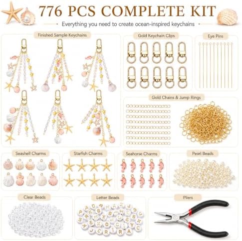 Mavsigak 776 Pcs DIY Keychain Making Kit, Seashell Key Chain Craft Set with Starfish Seahorse Pearl Letter Beads, Keychain Clips and DIY Accessories for Backpacks Purse Tote Bag Charm Kit - Image 2