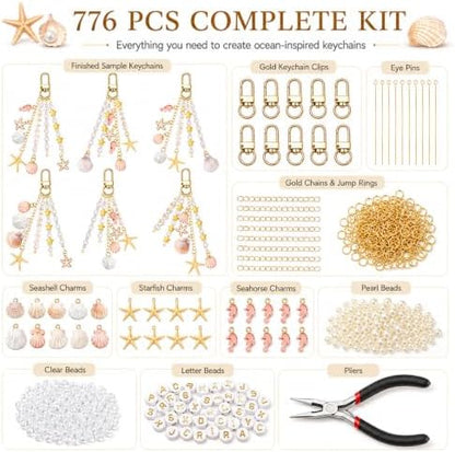 Mavsigak 776 Pcs DIY Keychain Making Kit, Seashell Key Chain Craft Set with Starfish Seahorse Pearl Letter Beads, Keychain Clips and DIY Accessories for Backpacks Purse Tote Bag Charm Kit - Image 2